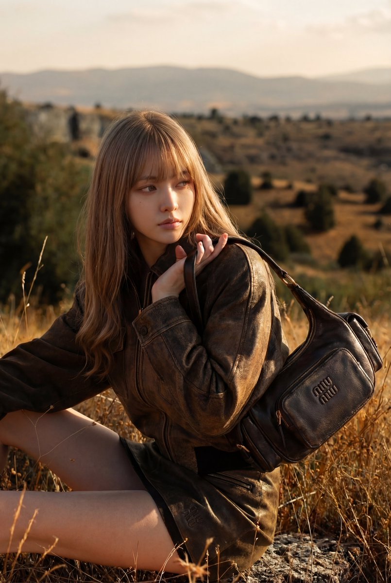 Golden Hour in Dry Grass - Looking Back, Fashion, nanoBanana-Pro, Action, Dry Grass reference image