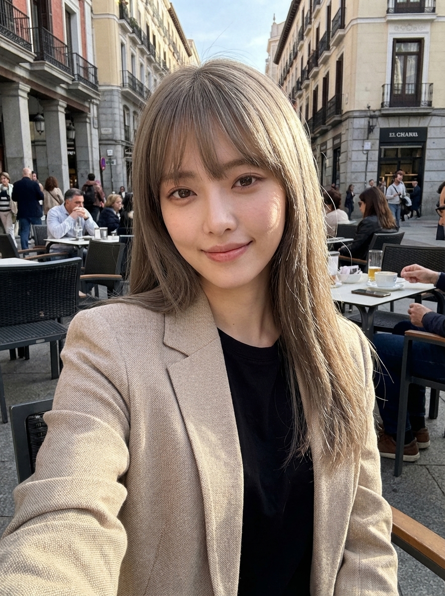 Everyday Selfie, People, nanoBanana-Pro, Beige Blazer, iPhone 17 Pro Max reference image