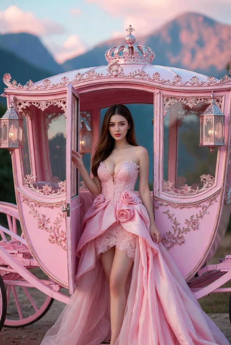 Fantasy Princess Stepping Out of a Pastel Pink Royal Carriage, Fantasy, nanoBanana-Pro, 3D, Bokeh Background reference image