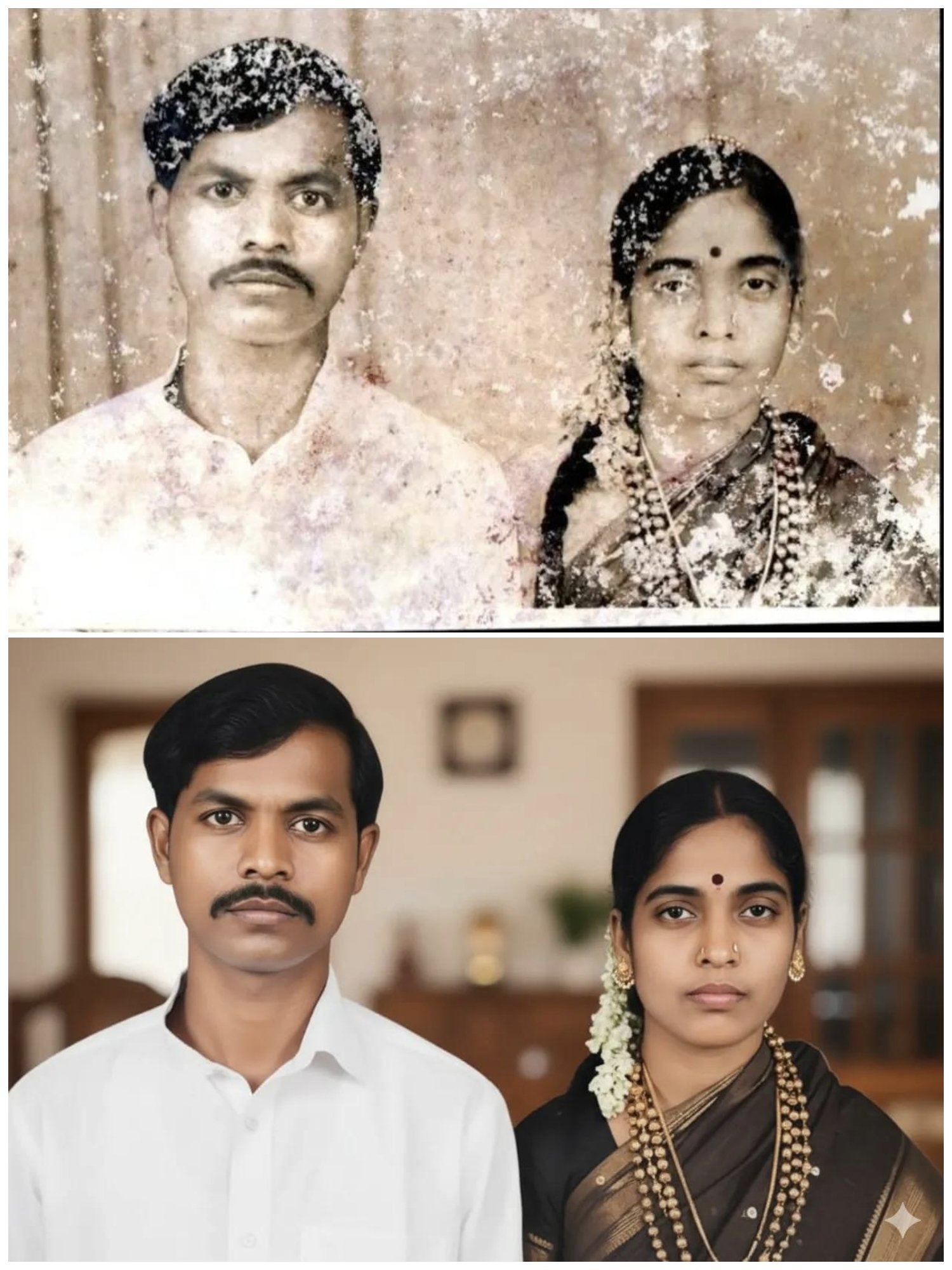 Restored Damaged Photo, Realistic, nanoBanana-Pro, Cinematic Color Grading, Elegant Background reference image