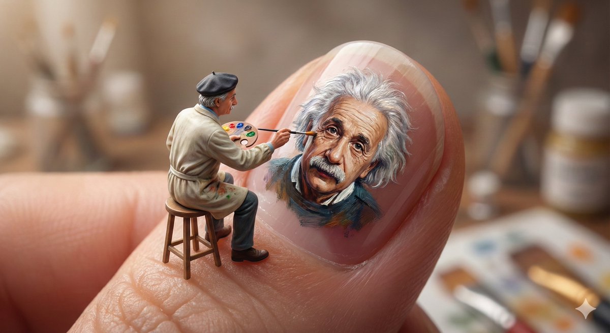 Miniature Artist Painting on a Giant Human Fingernail, Realistic, nanoBanana-Pro, 3D, Blurred Background reference image