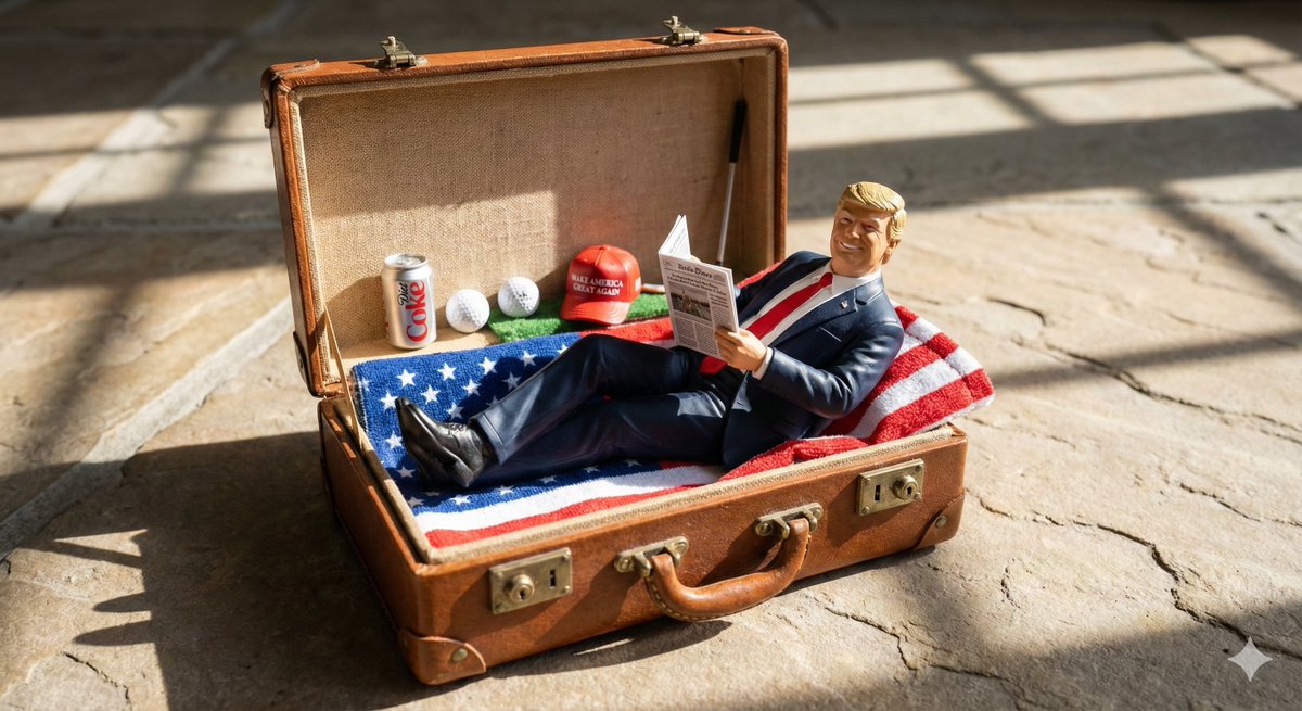 Miniature Character and Vintage Suitcase Scene, Retro, nanoBanana-Pro, 3D, Cinematic Photo reference image