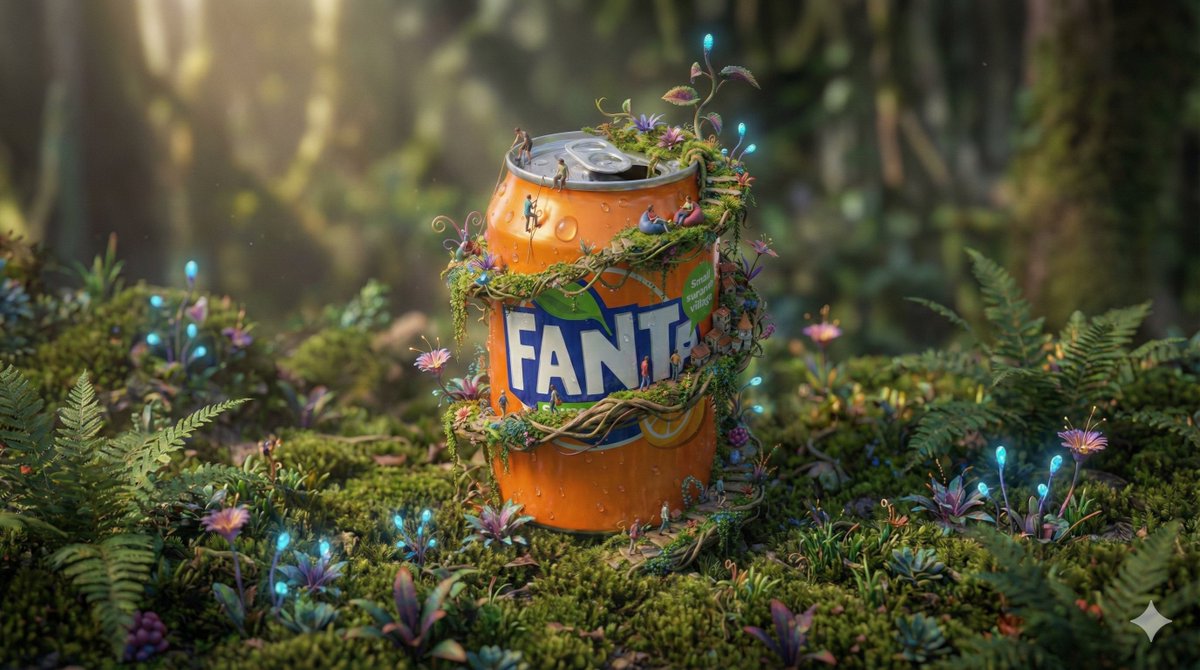 围绕Fanta罐构建的微型超现实世界，抽象，nanoBanana-Pro，3D, Cinematic Style风格参考图