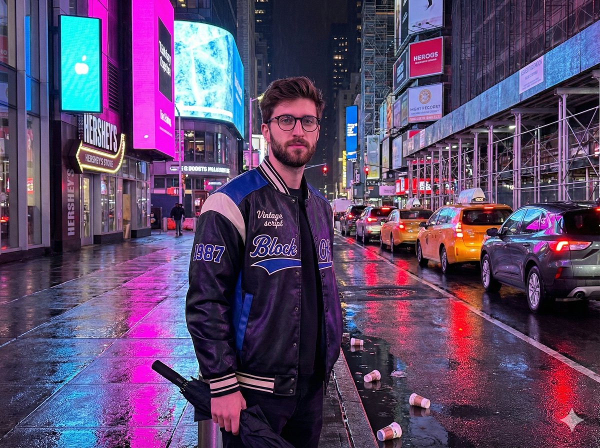 Times Square Rainy Night Comparison, City, nanoBanana-Pro, 产品, 人物 reference image, image 2 of 2