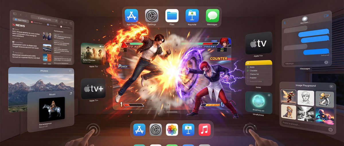 Apple Vision Pro视觉OS 26界面截图，科技，nanoBanana-Pro，21:9宽屏, 3D全息风格参考图