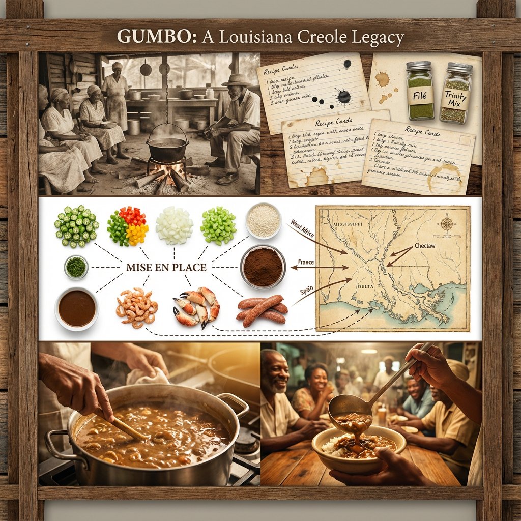 Culinary Heritage Board of Louisiana Creole Gumbo, History, nanoBanana-Pro, African Influence, Contemporary Cooking reference image