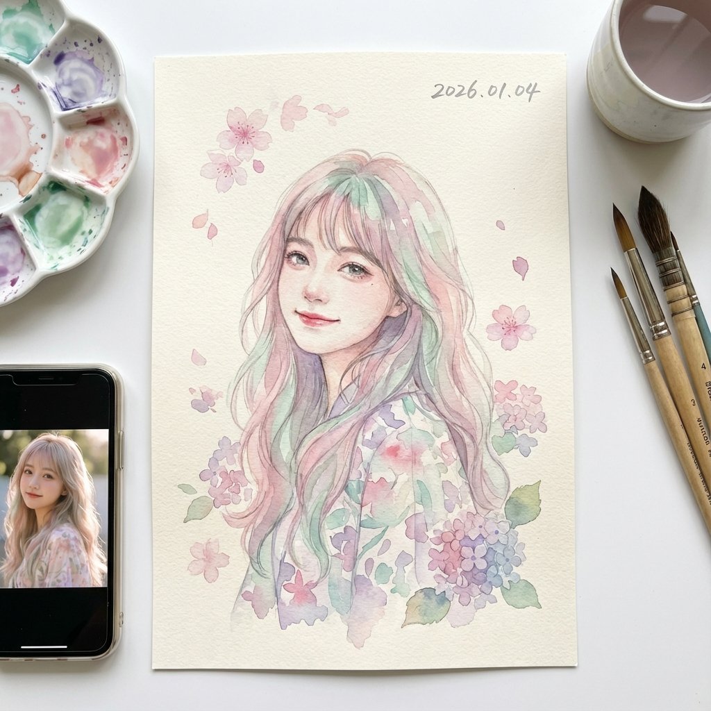日本水彩插画：中国偶像女孩，插画，nanoBanana-Pro，Calligraphy, Chinese Idol风格参考图
