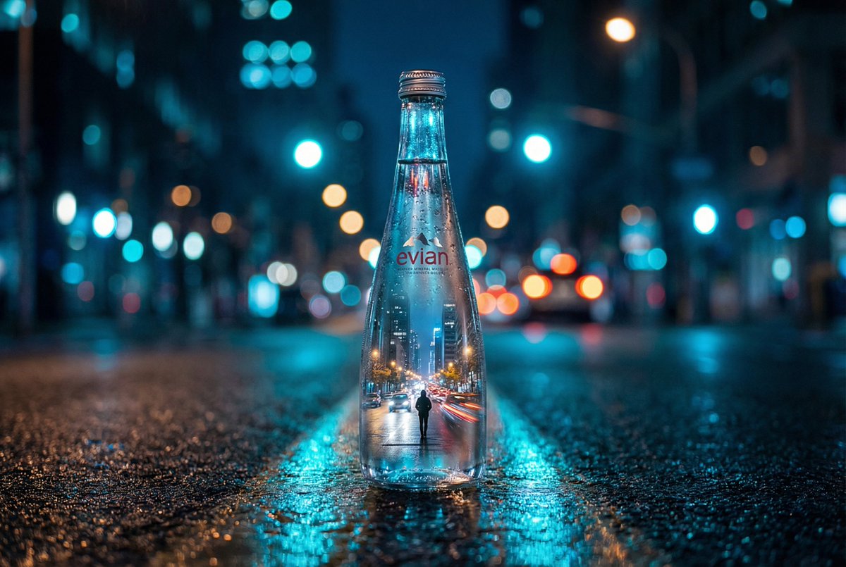 Creative Replication of an Urban Nightscape Water Bottle Photography, City, nanoBanana-Pro, Cinematic Lighting, Luxury Branding reference image