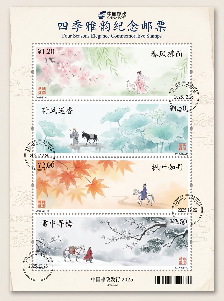 Four Seasons Stamp Design, Fashion, nanoBanana-Pro, Ancient Chinese Poetic Elements, Chinese Postage Stamp reference image