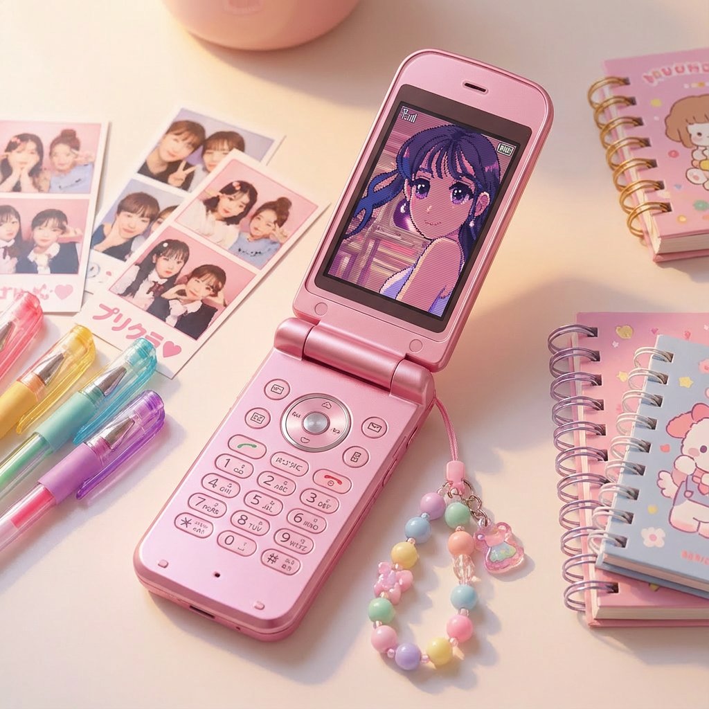 平成ガラケーに推しを入れるエモイ画像プロンプト，可爱，nanoBanana-Pro，2000s Mobile Display, Emotional Mood风格参考图