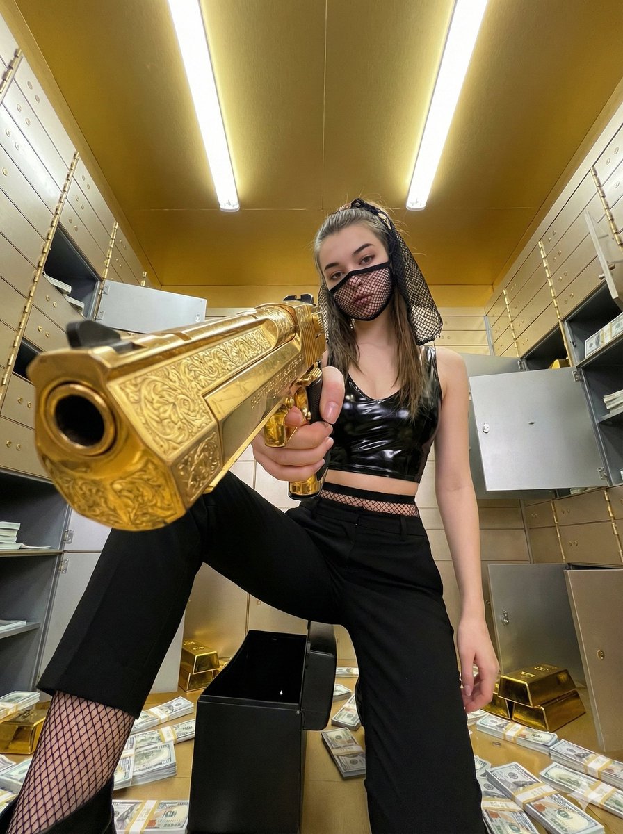 Woman Kneeling with Pistol, People, nanoBanana-Pro, Action, Bank Vault reference image
