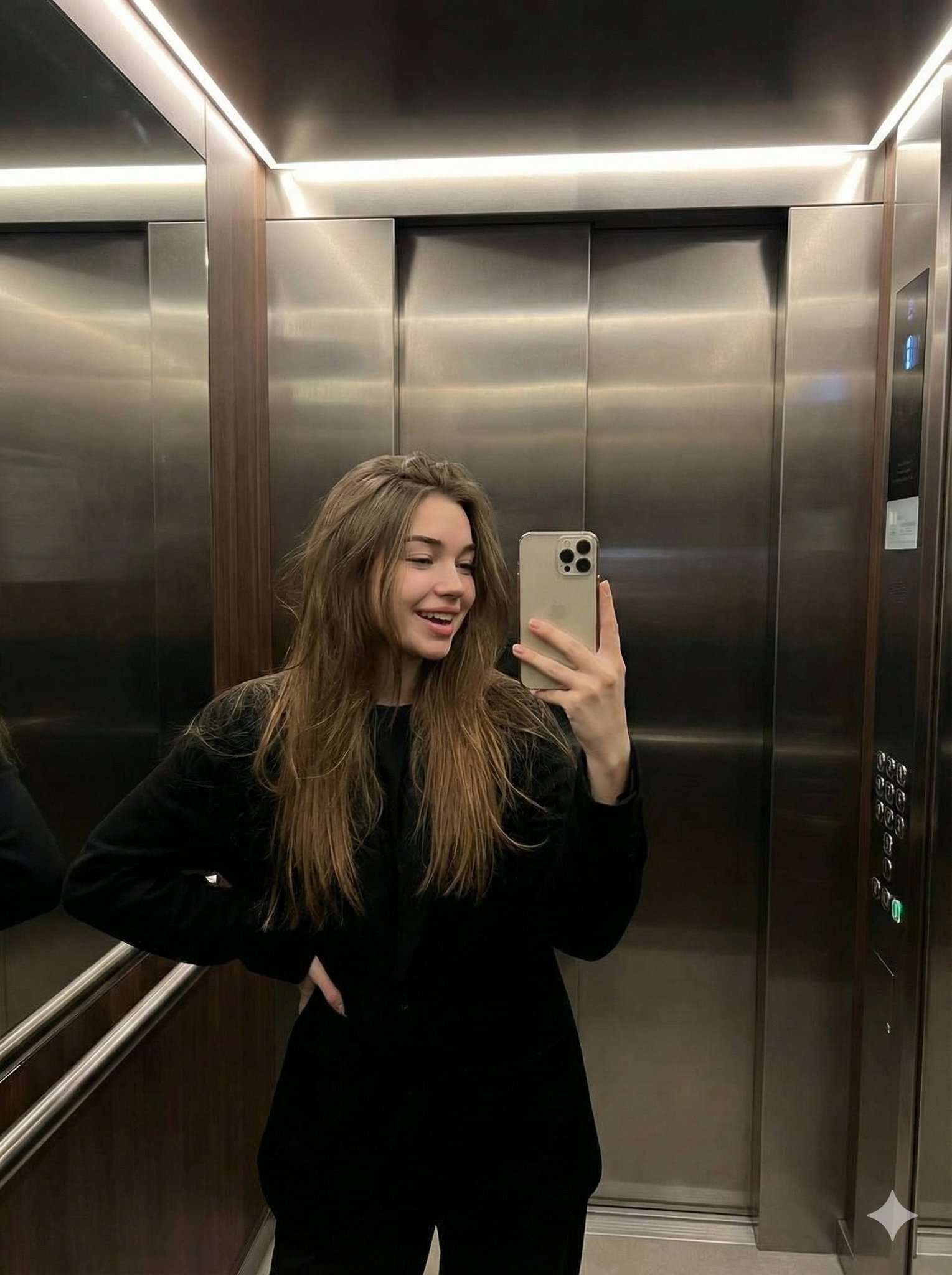 Young Woman's Mirror Selfie in a Modern Elevator, People, nanoBanana-Pro, Black Outfit, Brushed Stainless Steel reference image
