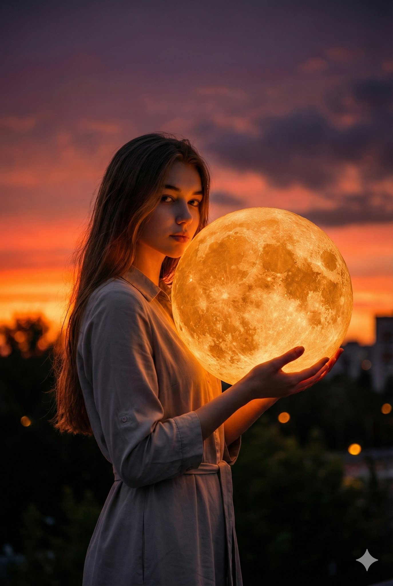Female with Giant Moon at Sunset, People, nanoBanana-Pro, Cinematic Lighting, Female Portrait reference image