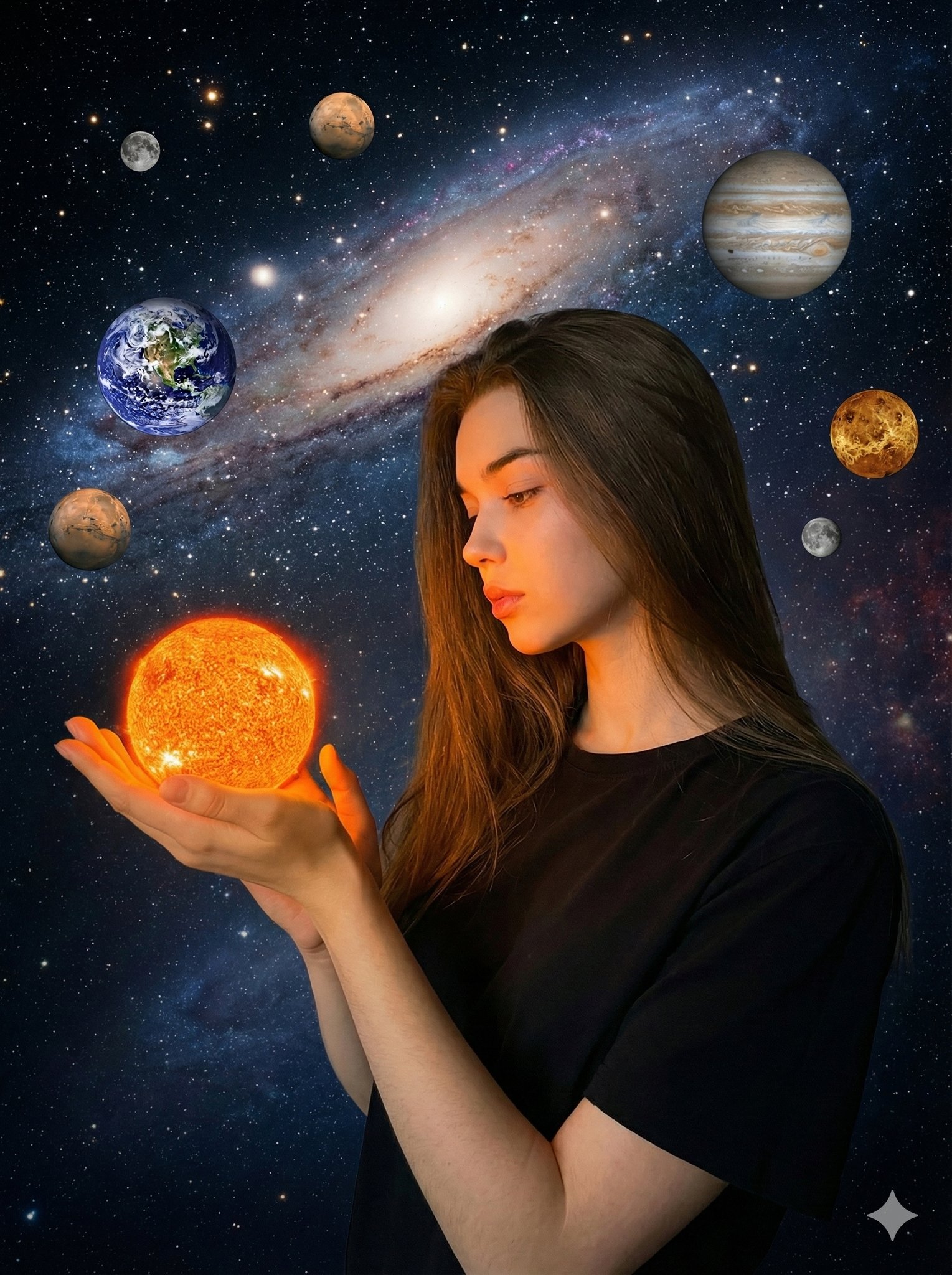 太空中的神秘女性，人物，nanoBanana-Pro，Celestial Elements, Cosmic Atmosphere风格参考图