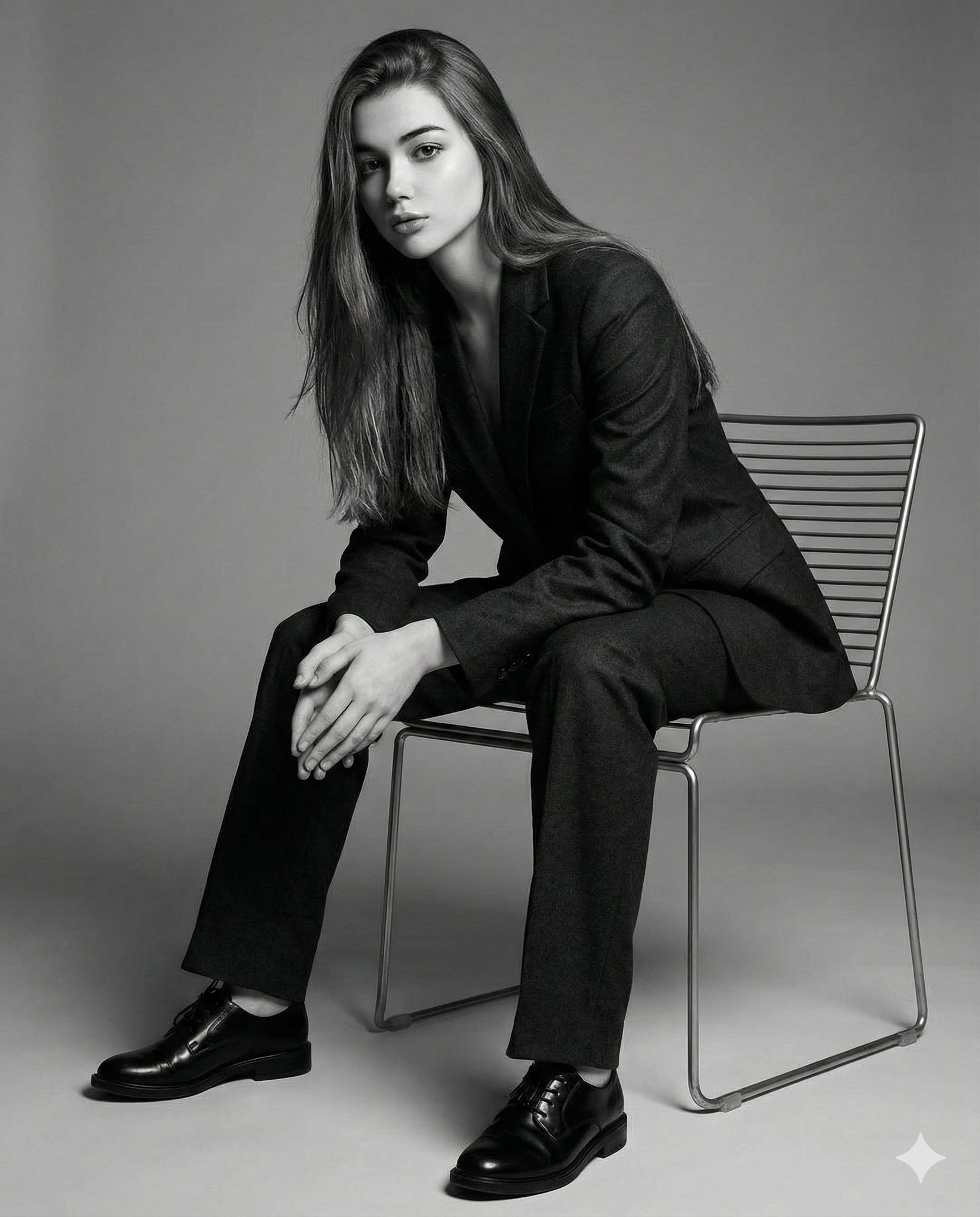 Black and White Editorial Portrait of a Fashionable Woman, People, nanoBanana-Pro, Black and White, Confident reference image