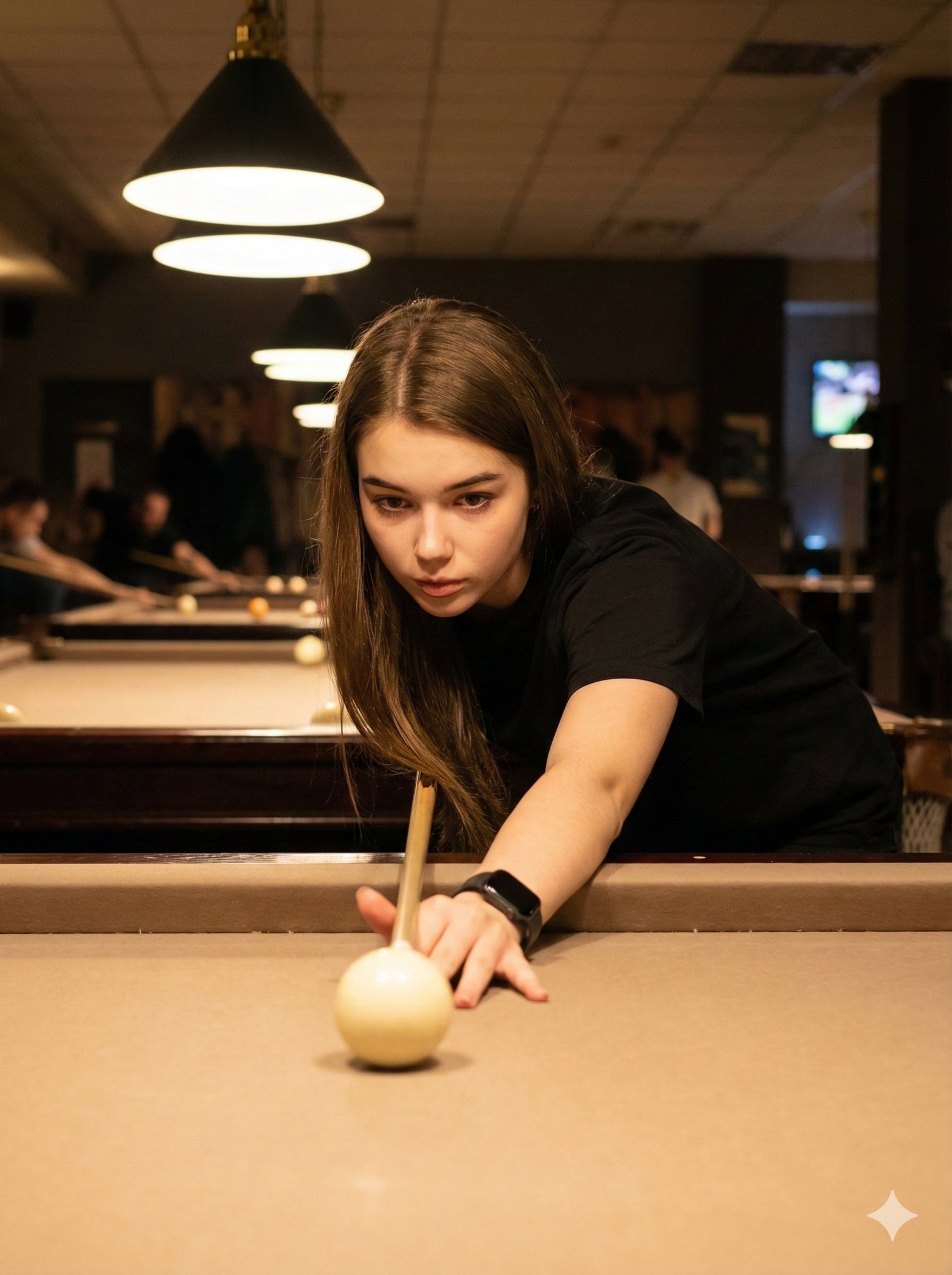 室内台球室女性击球瞬间，人物，nanoBanana-Pro，Billiards, Cinematic风格参考图