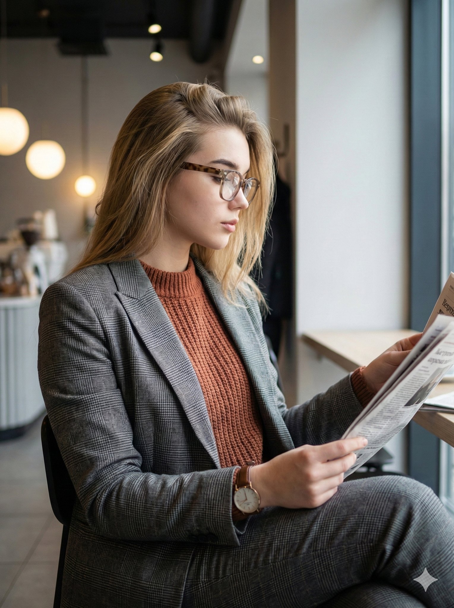 Modern Indoor Female Portrait Reading a Newspaper, People, nanoBanana-Pro, Contemporary Fashion, High Definition reference image