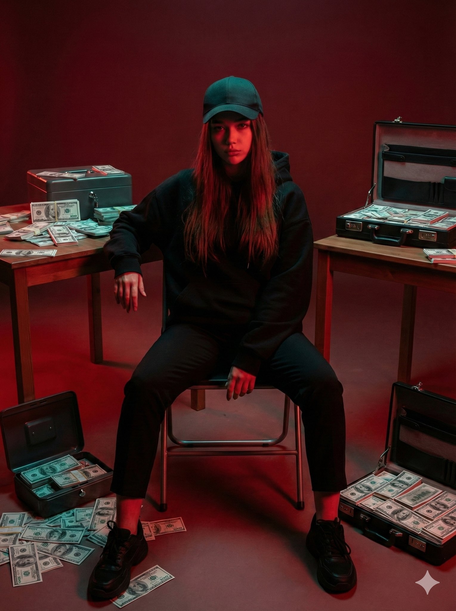 红光闪耀的现金房间中的女性肖像，人物，nanoBanana-Pro，Cash Filled, Cinematic风格参考图