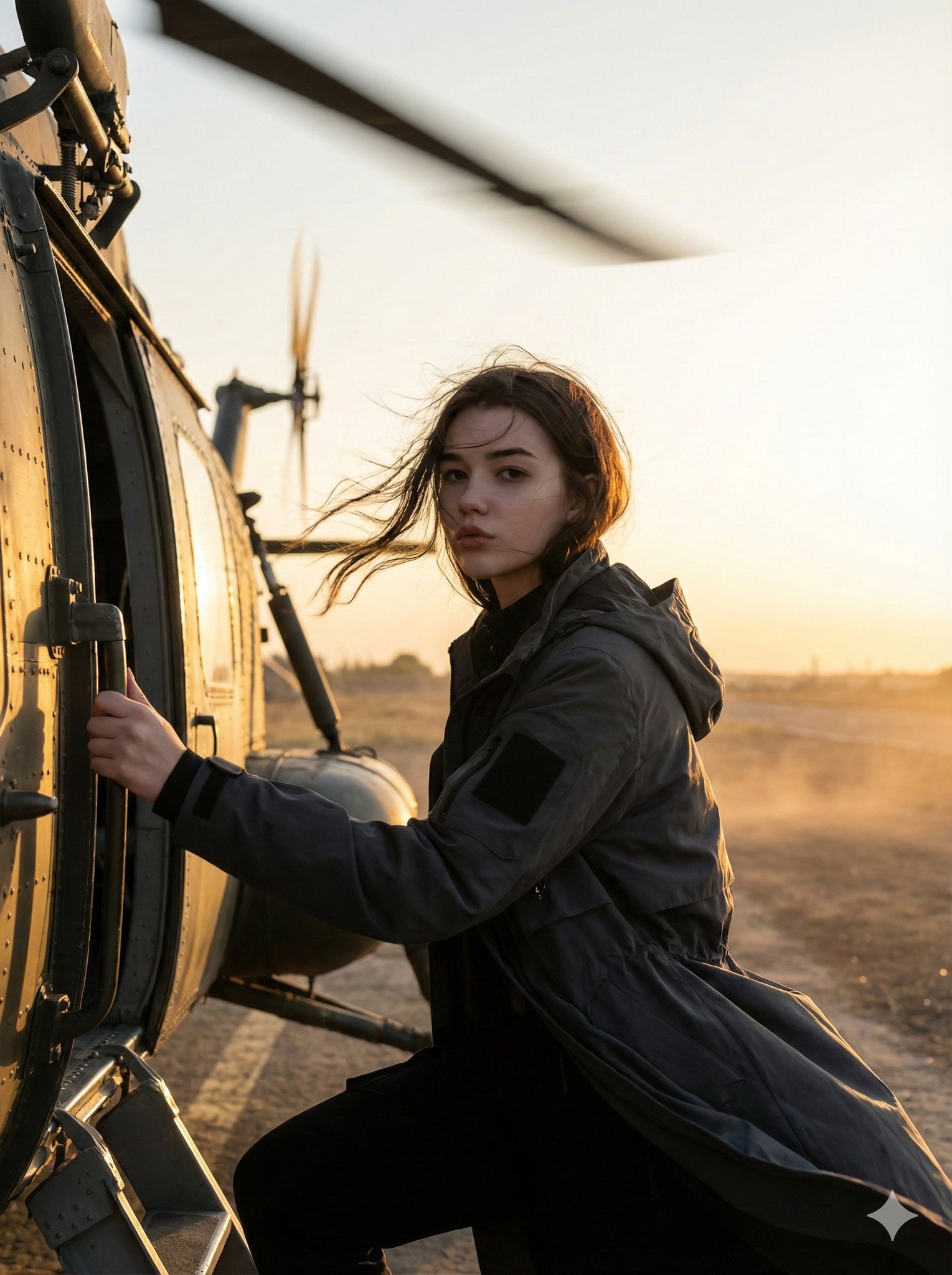 Confident Woman Entering a Helicopter, People, nanoBanana-Pro, Action, Cinematic reference image