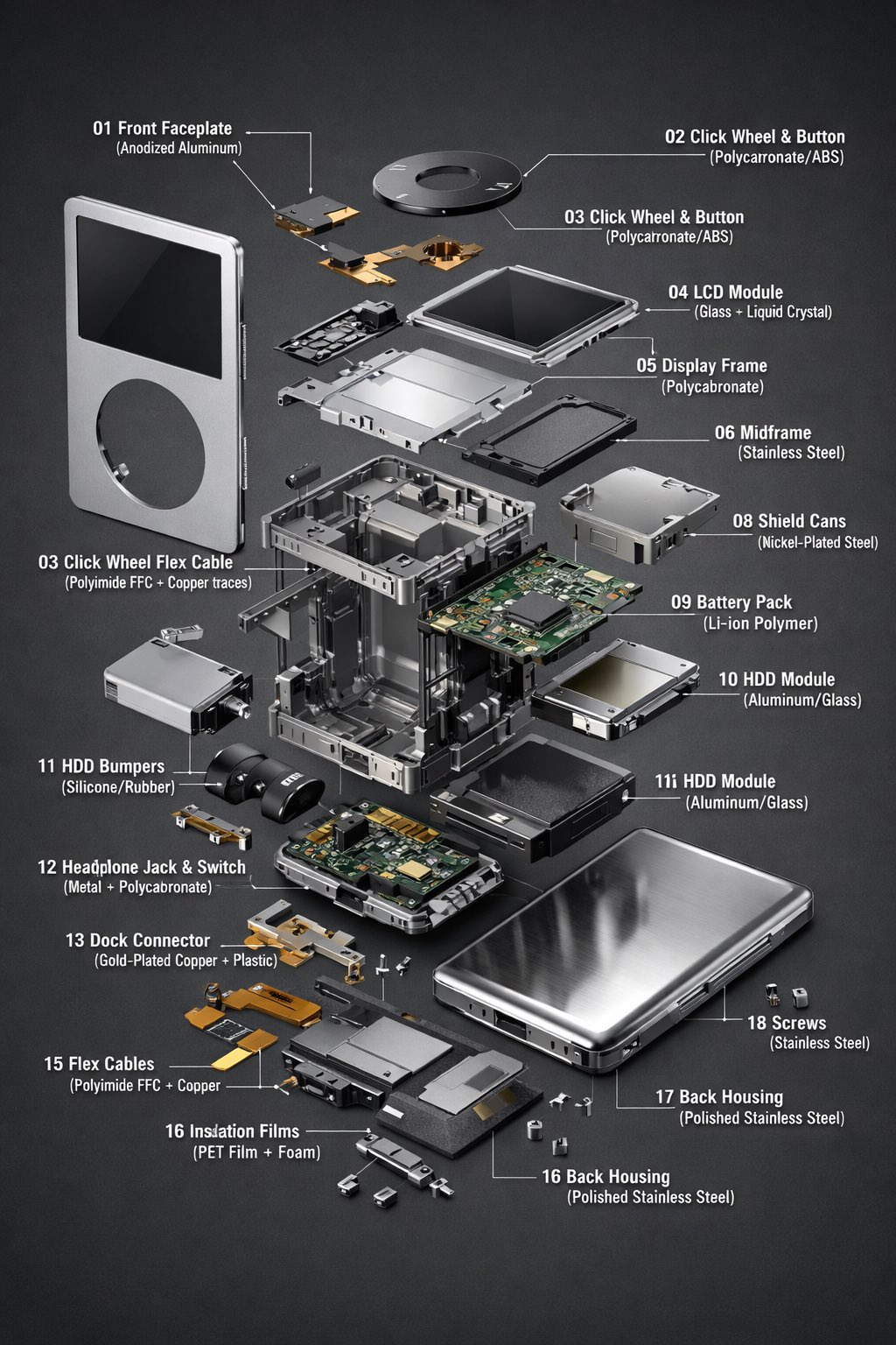 iPod Classic Exploded View, 3D, nanoBanana-Pro, 3D CAD Illustration, Electronic Device reference image