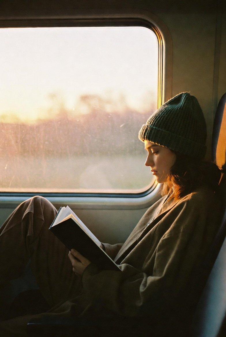 Passenger Train Interior, Indoor, nanoBanana-Pro, Cinematic Lifestyle Photography, Golden Hour Lighting reference image