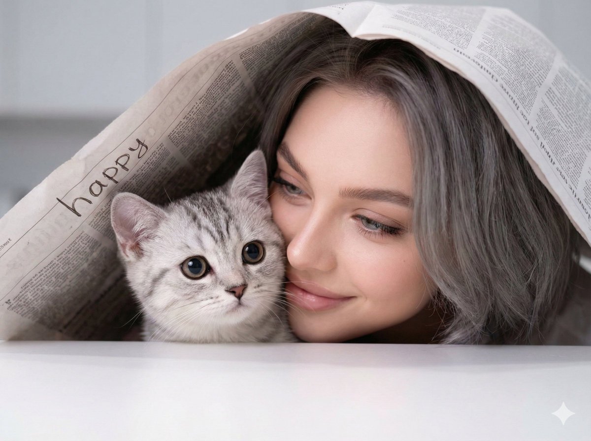 Intimate Close-Up Portrait of a Woman and a Silver Tabby Kitten, People, nanoBanana-Pro, Affectionate, Close-up reference image