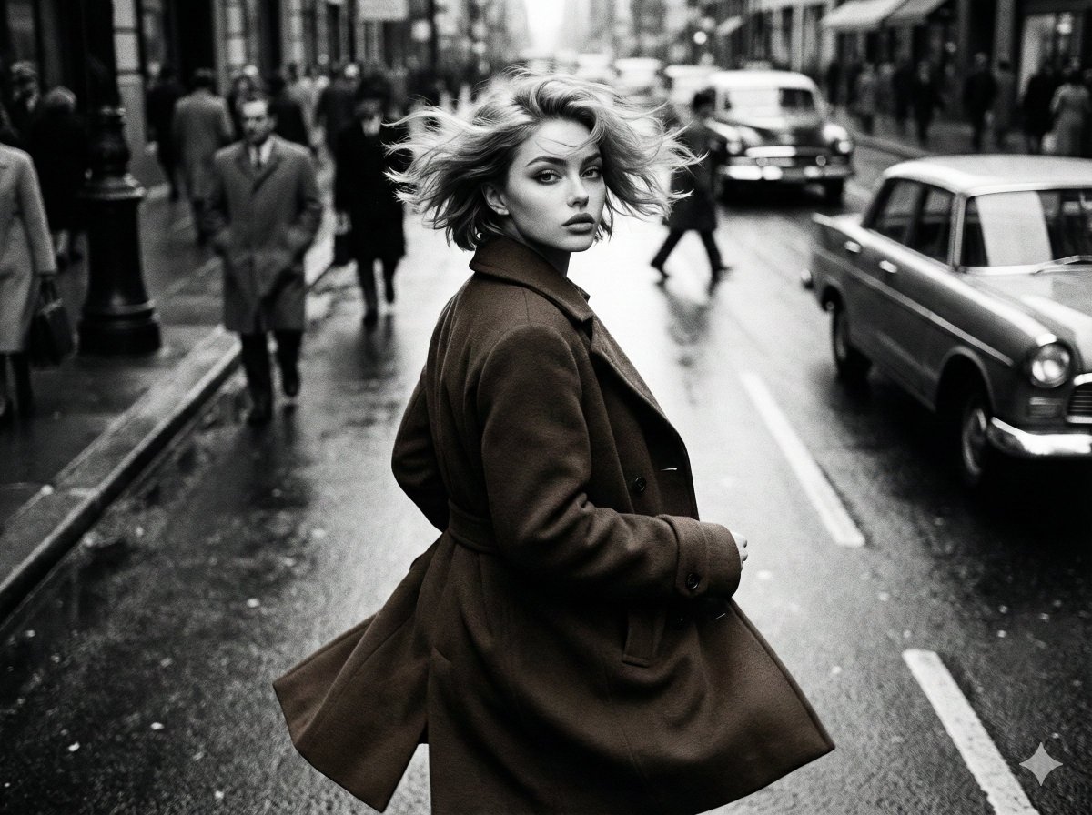 Modern Urban Street Fashion Photography, City, nanoBanana-Pro, Black and White, Cinematic Mood reference image