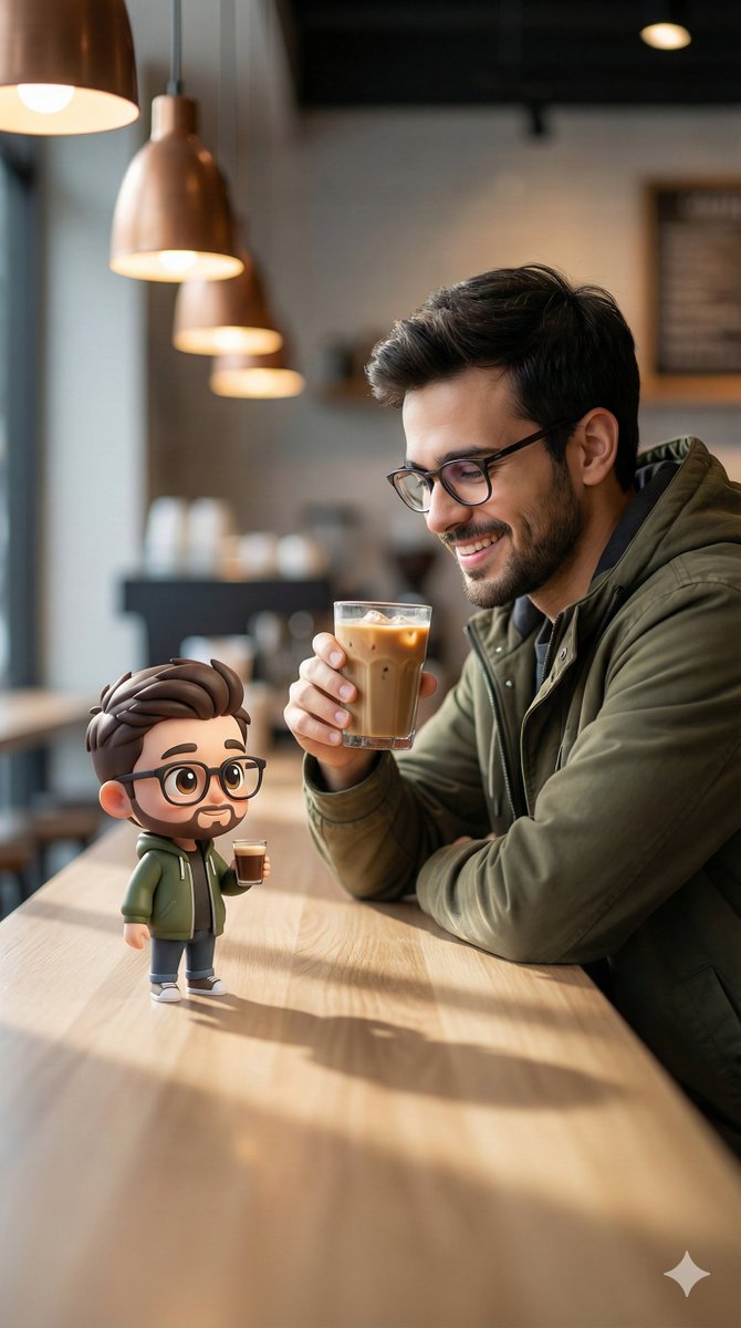 Young Man at a Modern Café with 3D Chibi Character, 3D, nanoBanana-Pro, 3D, 3D Chibi reference image