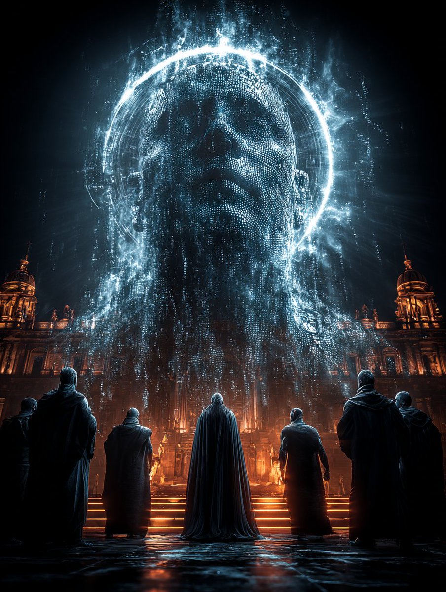 3 AM Prompt: A massive hologram of the SUPER AI's face and body floating above an epic cathedral, surrounded by acolytes in black robes, Film, nanoBanana-Pro, 3D, Black Robe Acolytes reference image