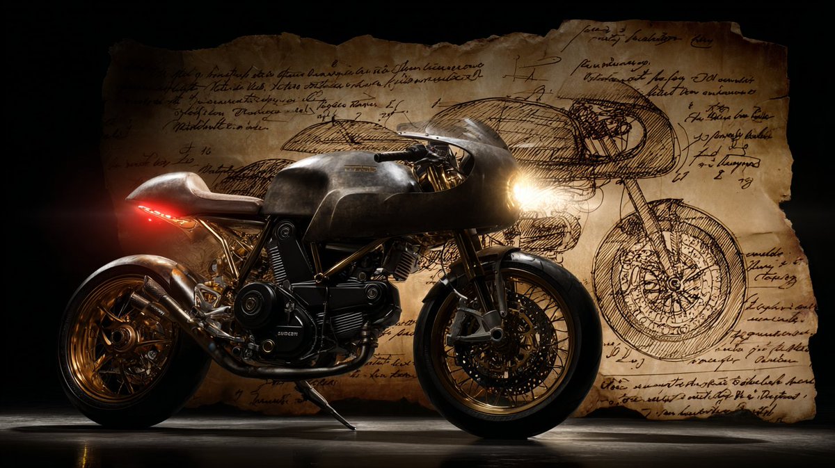 Modern Electric Sports Car with Leonardo da Vinci Style Sketch, Futuristic Sneakers with Hand-Drawn Sketch, Modern Smartphone with Technical Sketch, Modern Cafe Racer Motorcycle with Sketch, Vehicle, nanoBanana-Pro, 3D, Cafe Racer Motorcycle reference image