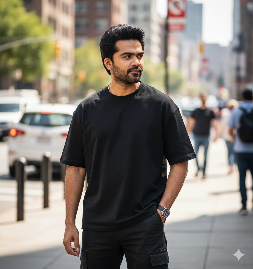 Ultra-realistic Street Portrait of a Young Man, People, nanoBanana-Pro, Black T-shirt, Cargo Pants reference image
