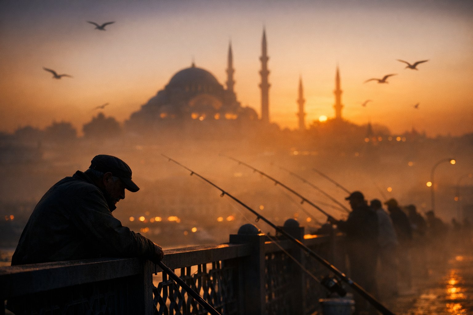 Cinematic Silhouette of Fishermen on Galata Bridge at Sunset in Istanbul, Landscape, nanoBanana-Pro, Atmospheric Haze, Cinematic Silhouette reference image