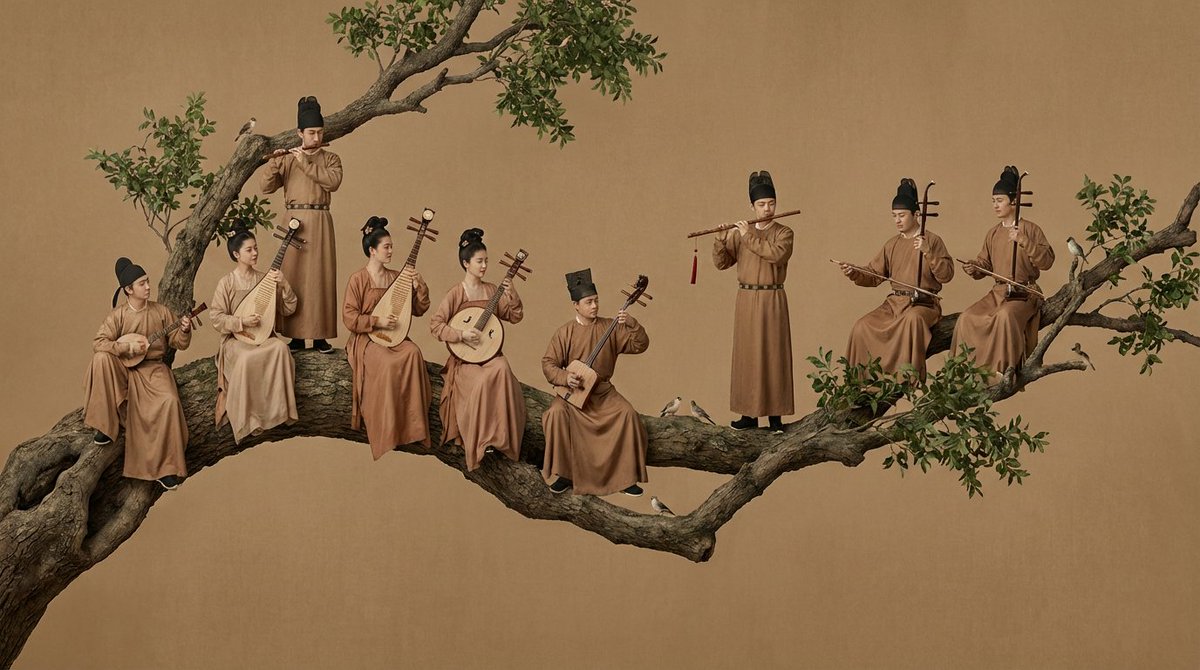 Tang Dynasty Court Orchestra Performing on an Agan Tree Branch, Animal, nanoBanana-Pro, Agan Tree, Court Orchestra reference image