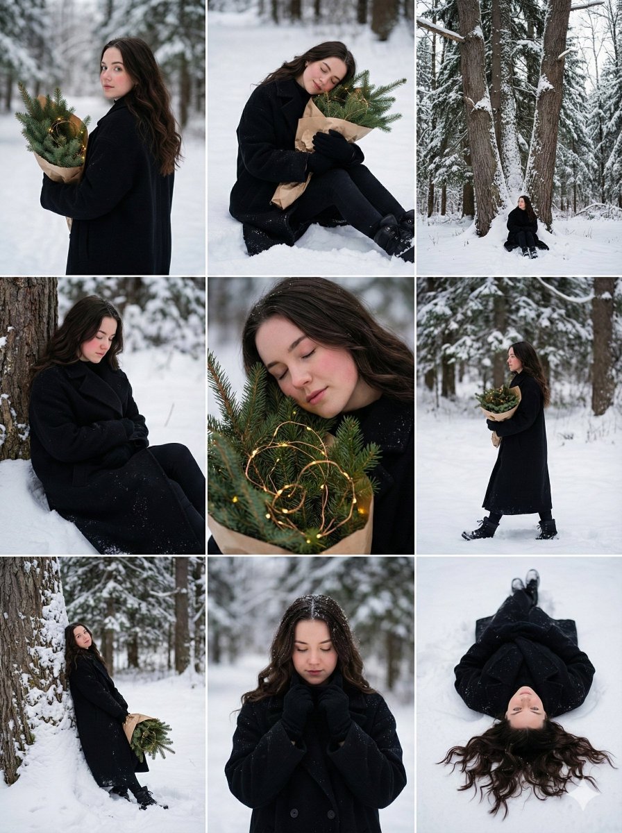 Winter Forest Storyboard, People, nanoBanana-Pro, Ethereal Winter, Fairy Lights reference image