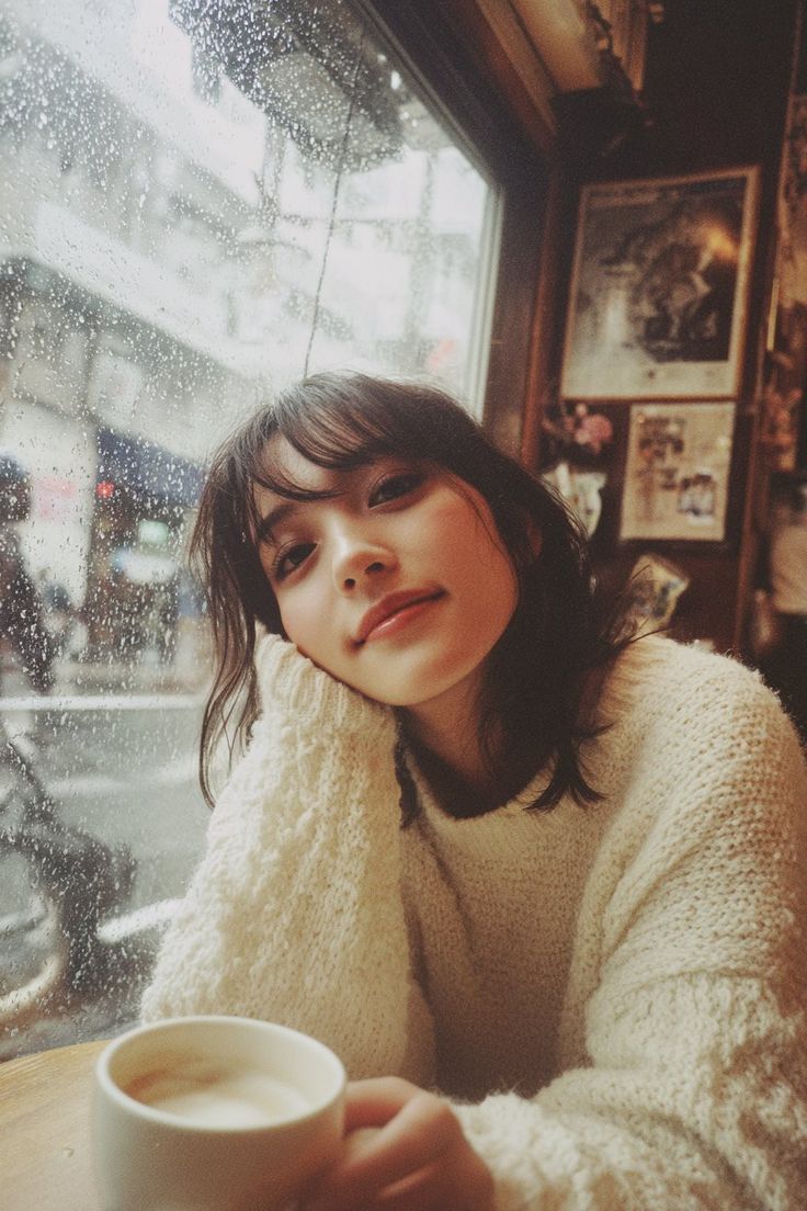East Asian Young Woman's Coffee Moment, People, nanoBanana-Pro, Coffee, Cozy Café reference image