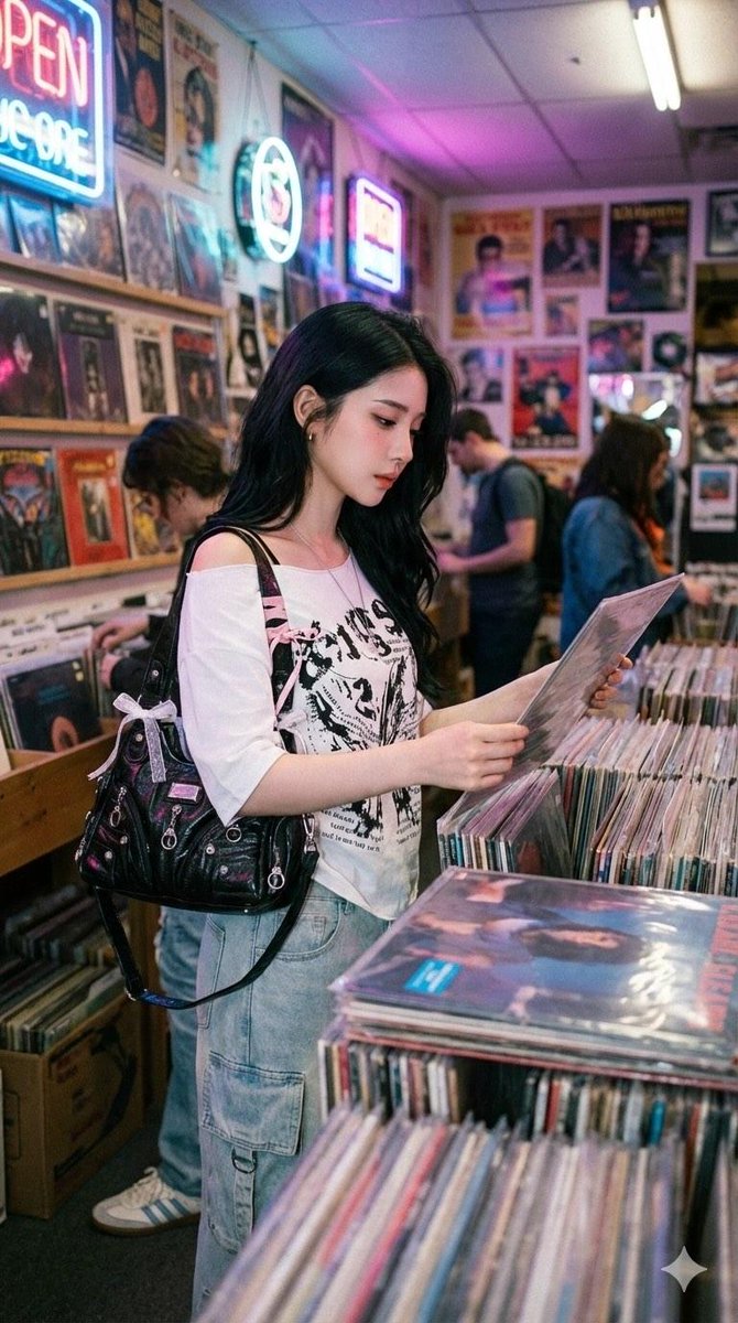 年轻东亚女性在复古唱片店，人物，nanoBanana-Pro，Coquette Streetwear, East Asian Woman风格参考图