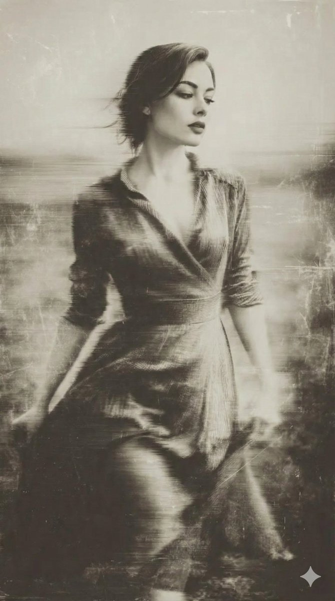复古湿版摄影中的年轻女性，人物，nanoBanana-Pro，Contemplative, Damaged Daguerreotype风格参考图
