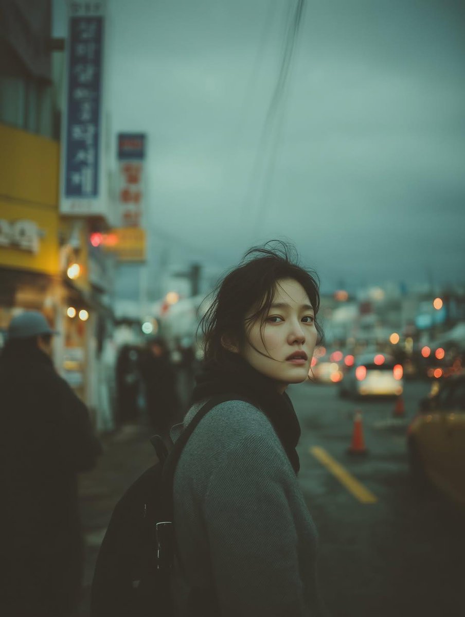 年轻东亚女性街头肖像，人物，nanoBanana-Pro，Cinematic, Cool Blue Tone风格参考图