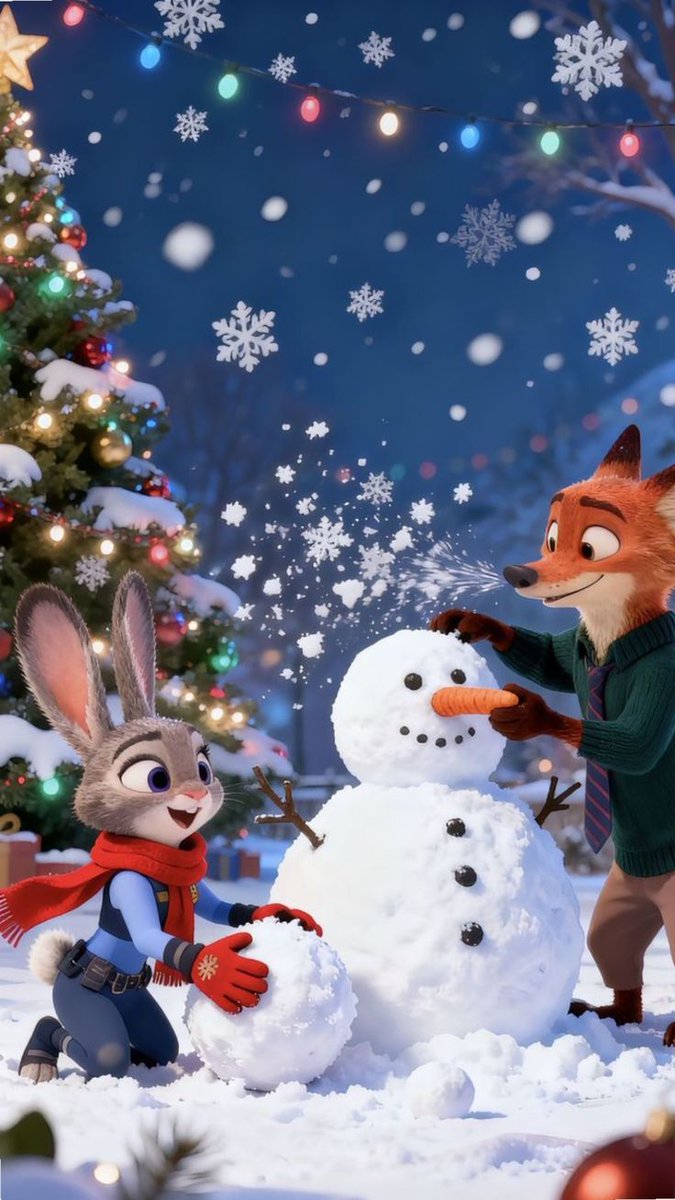 Animated Rabbit and Fox Building a Snowman (Zootopia Style), 3D, nanoBanana-Pro, 3D Animation, Disney/Pixar reference image