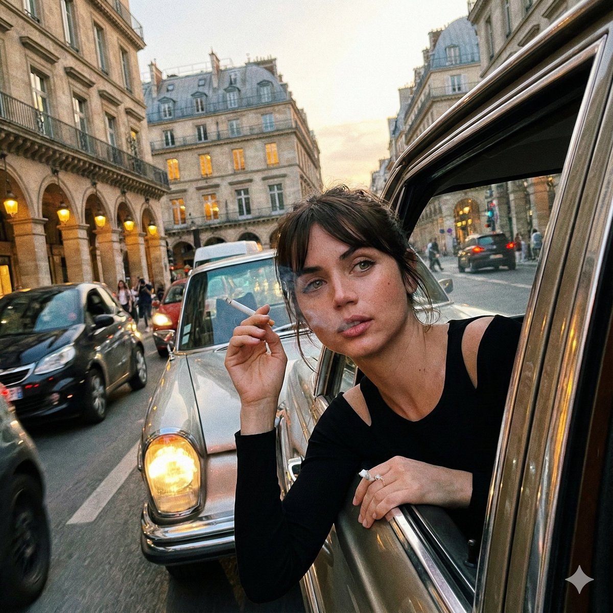 Nano Banana Pro vs Seedream 4.5 - Spontaneous Snapshot of a Young Woman at Twilight in a European City Street, City, nanoBanana-Pro, Candid Snapshot, Dynamic Composition reference image