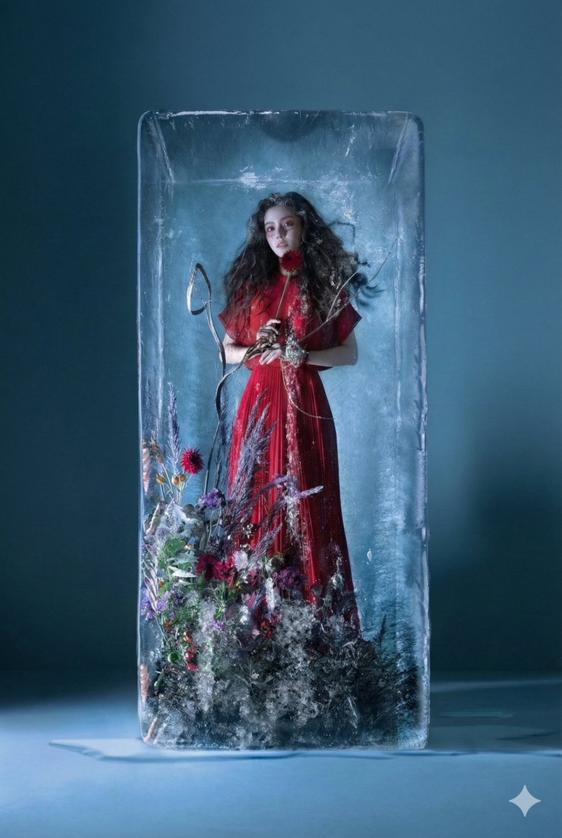 Fashion Editorial in Transparent Ice Block, Fashion, nanoBanana-Pro, Cinematic Lighting, Ethereal Atmosphere reference image