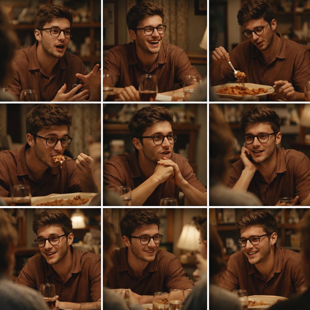 Continuous Family Dinner Scene, Film, nanoBanana-Pro, Candid Stills, Close-ups reference image