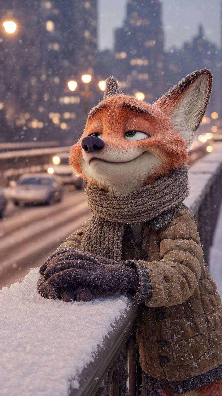 Anthropomorphic Fox on Snow-Covered Bridge in Winter City, City, nanoBanana-Pro, Anthropomorphic Fox, Brown Puffy Jacket reference image
