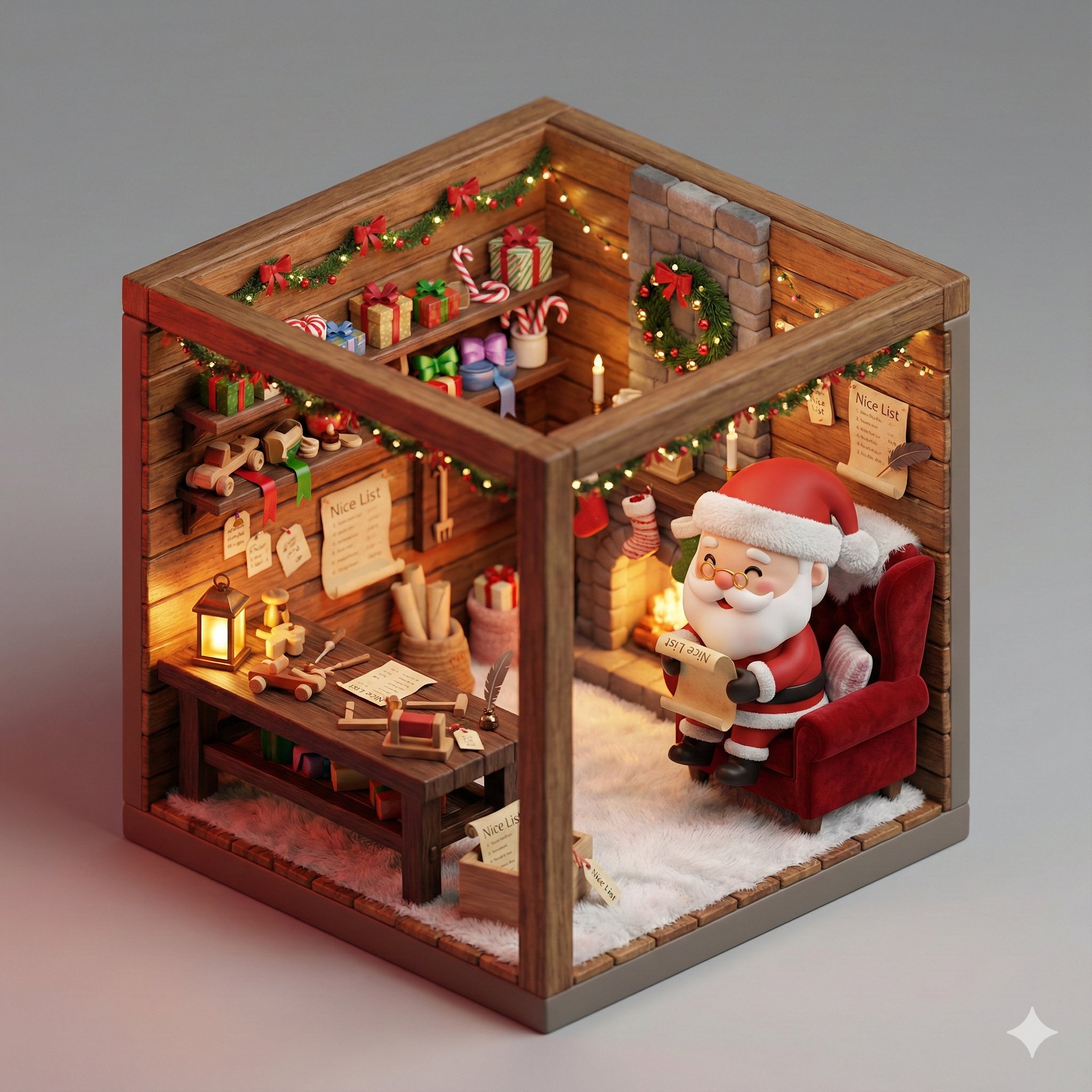 Cozy Santa's Workshop Corner, Cute, nanoBanana-Pro, 3D Miniature, Chibi Santa Claus reference image