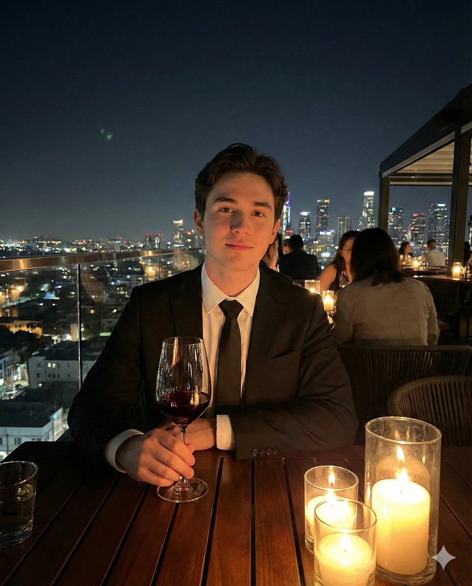 Black Suit Rooftop Dinner Portrait, City, nanoBanana-Pro, Black Suit, Cityscape reference image