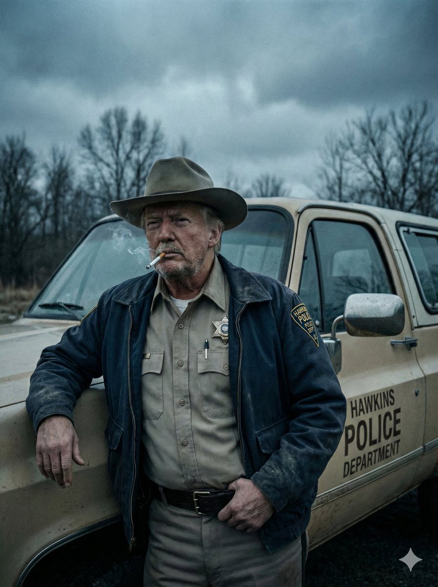Hopper in Hawkins Police Department, People, nanoBanana-Pro, 1980s, Beige Police Truck reference image