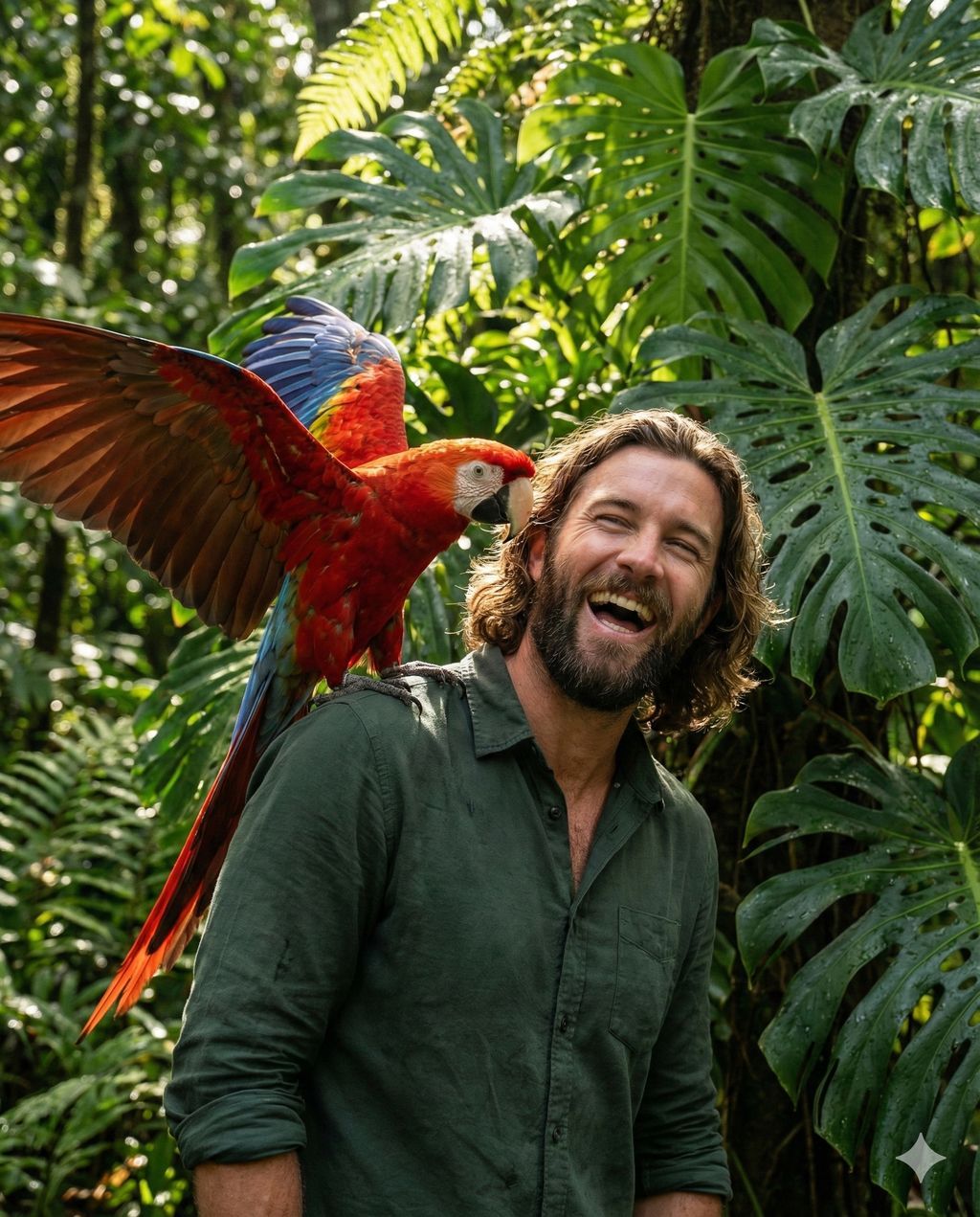 Tropical Forest Photo with Person and Parrot, People, nanoBanana-Pro, AI Art, Animal reference image
