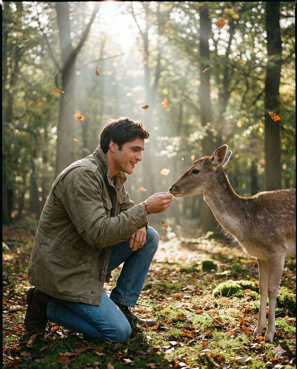 Wildlife Encounter Moment, Nature, nanoBanana-Pro, Deer, Deer Interaction reference image