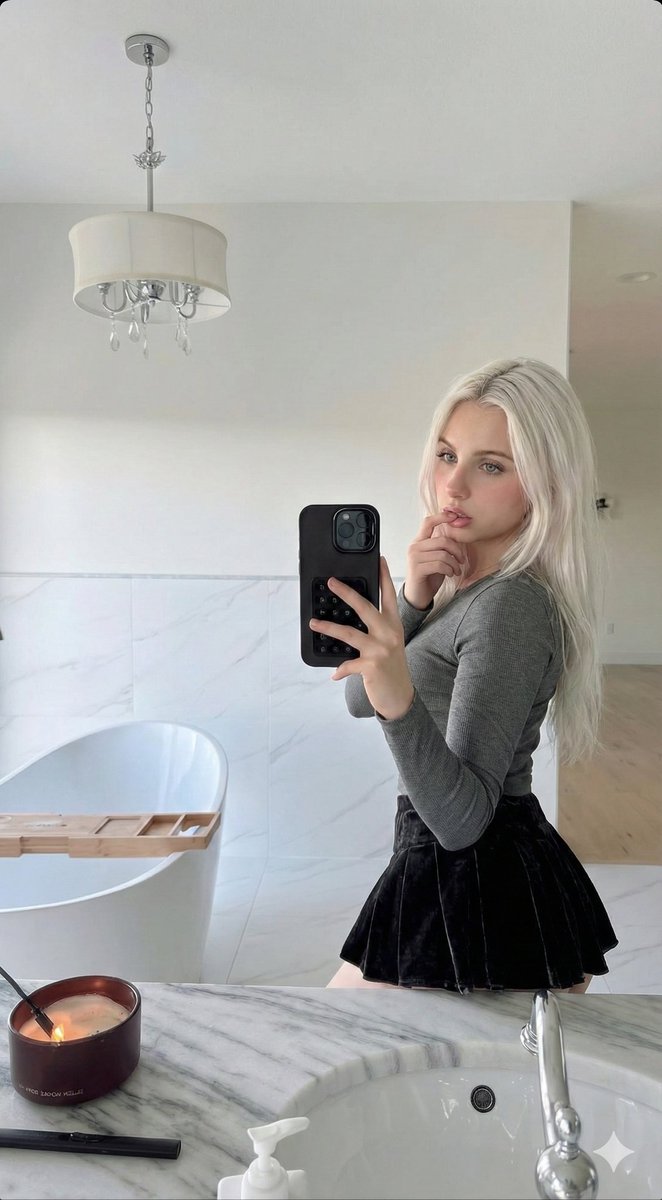 Gemini Nano Banana Pro Mirror Selfie, People, nanoBanana-Pro, Black Skirt, Grey Shirt reference image