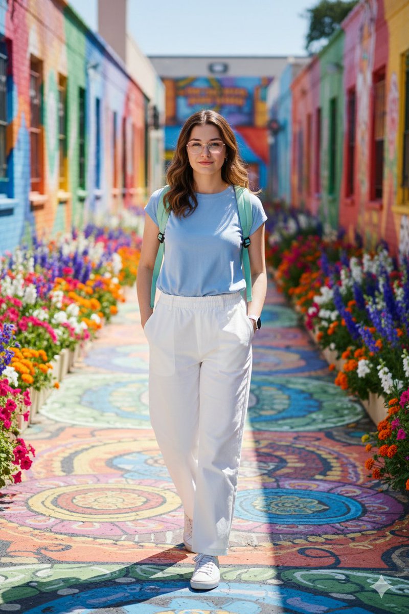 Keep Your Head High and Your Colors Bright, City, nanoBanana-Pro, Bright Colors, Casual Attire reference image